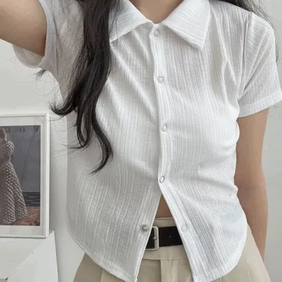 [‍4.5천판매중 4계절진행] 카라 스냅 버튼 골지 크롭 반팔 가디건 티셔츠