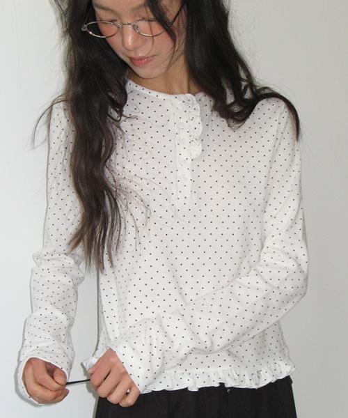 DOT RUFFLE LONG SLEEVE T SHIRT WHITE