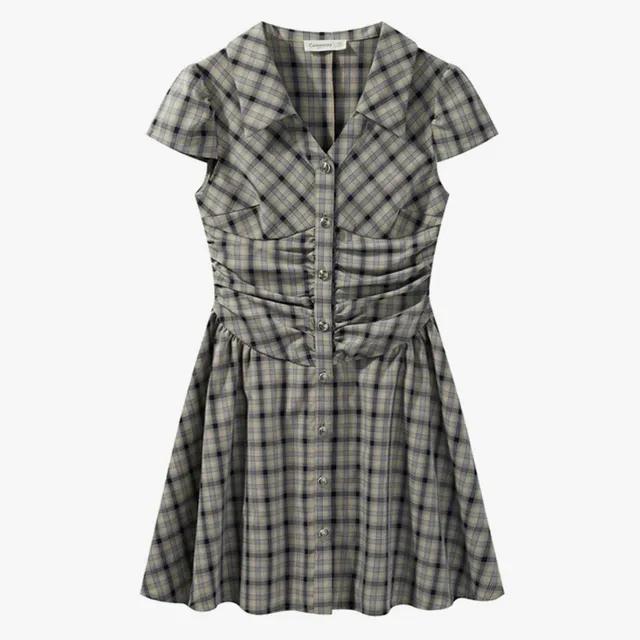 JAS722 플레어 브이넥 카라 단추 체크 미니 원피스