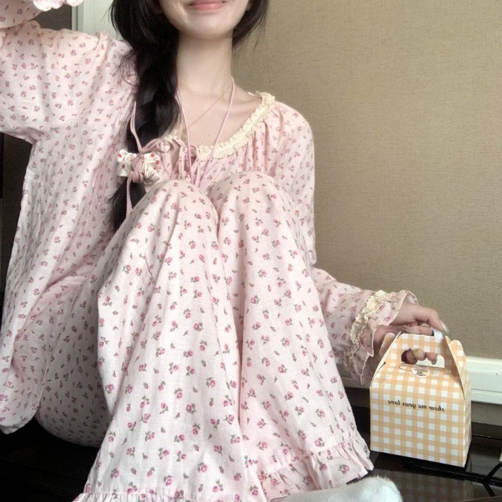 띠끄룸 핑크 스위트 레이스 순면 파자마 바지 잠옷세트 홈웨어