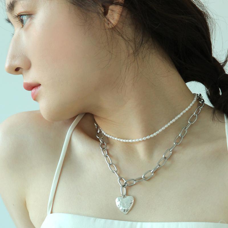 실버 하트체인 목걸이 진주목걸이 세트