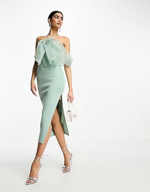 ASOS DESIGN halter organza bow detail midi dress in frosty sage