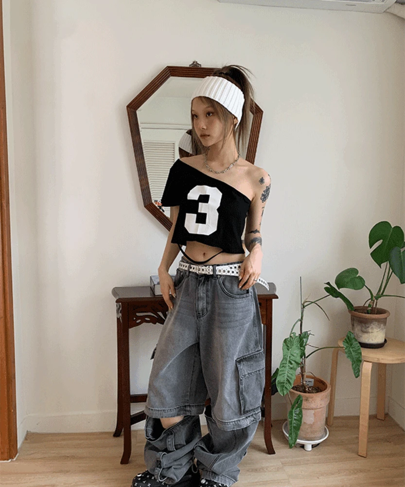 넘버 원 숄더 언발 데미지 반팔 티셔츠
