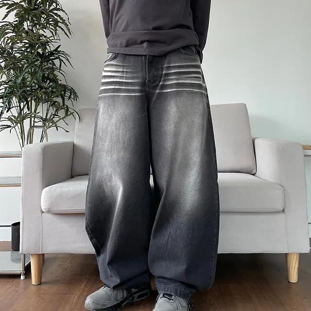 리즈 브러쉬 워싱 벌룬핏 데님팬츠 롱 와이드 청바지