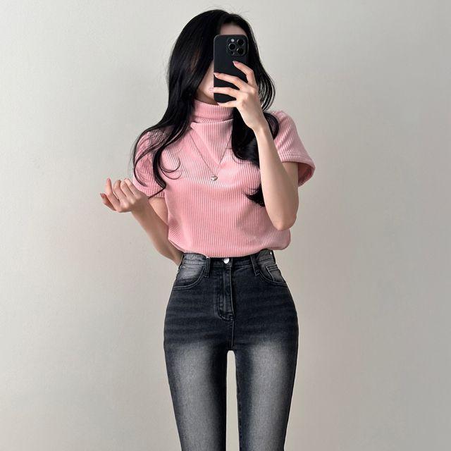 [연말룩!/밍크안감] 첫사랑 벨벳 골지 반폴라 티셔츠 블라우스 - 5color_휴지마켓