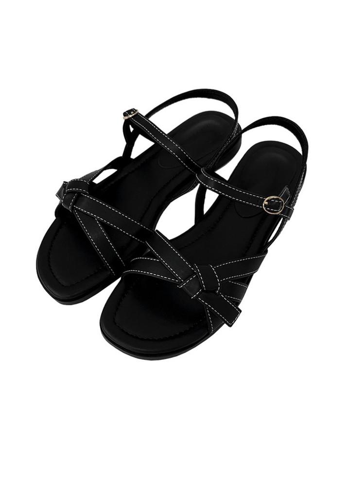 벨벳하우스 여성 스트랩 리본 꼬임 매듭 스티치 발편한 블랙 샌들(168)