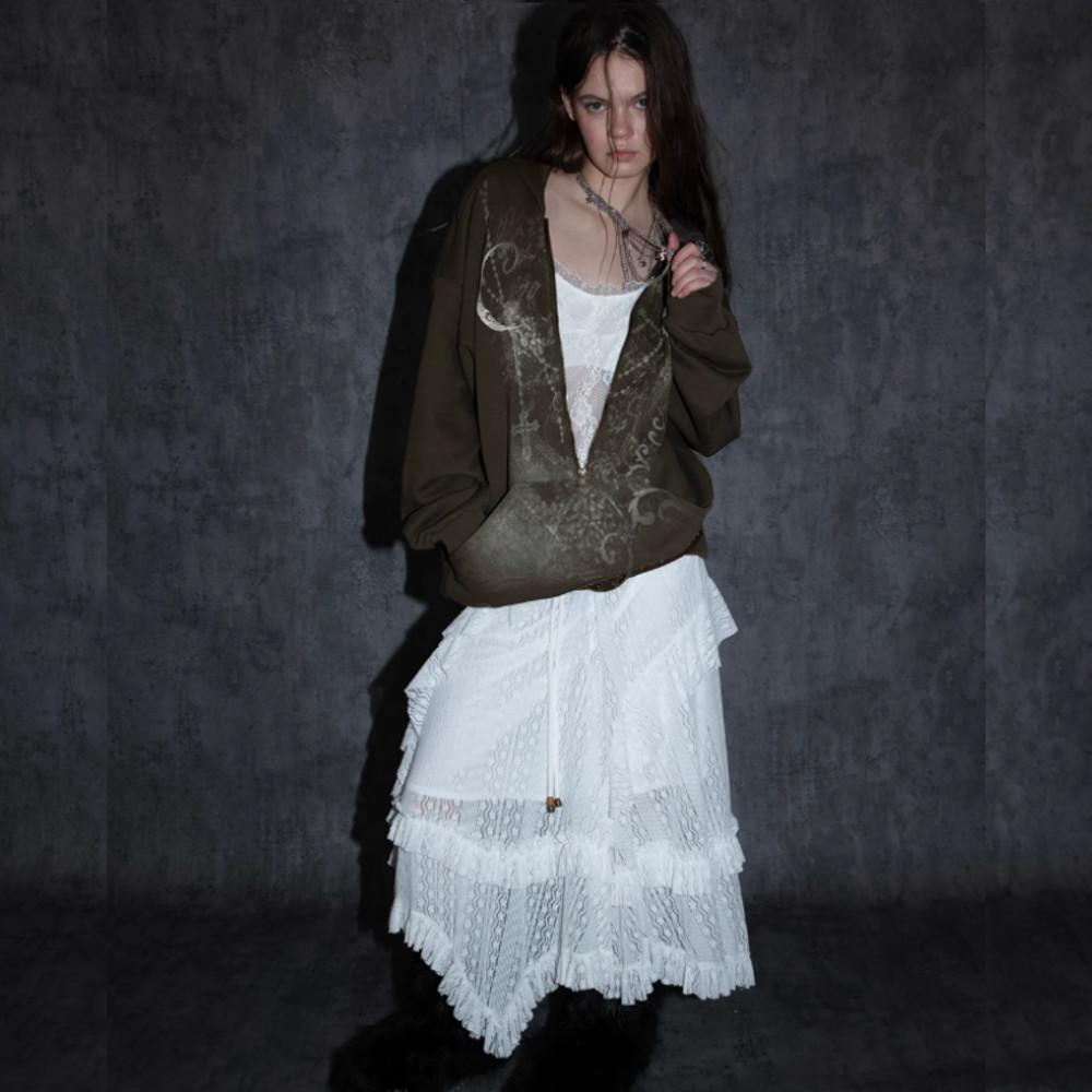 DOUBLE PUNCH 티셔츠 레이스 레이어 집업 후드티