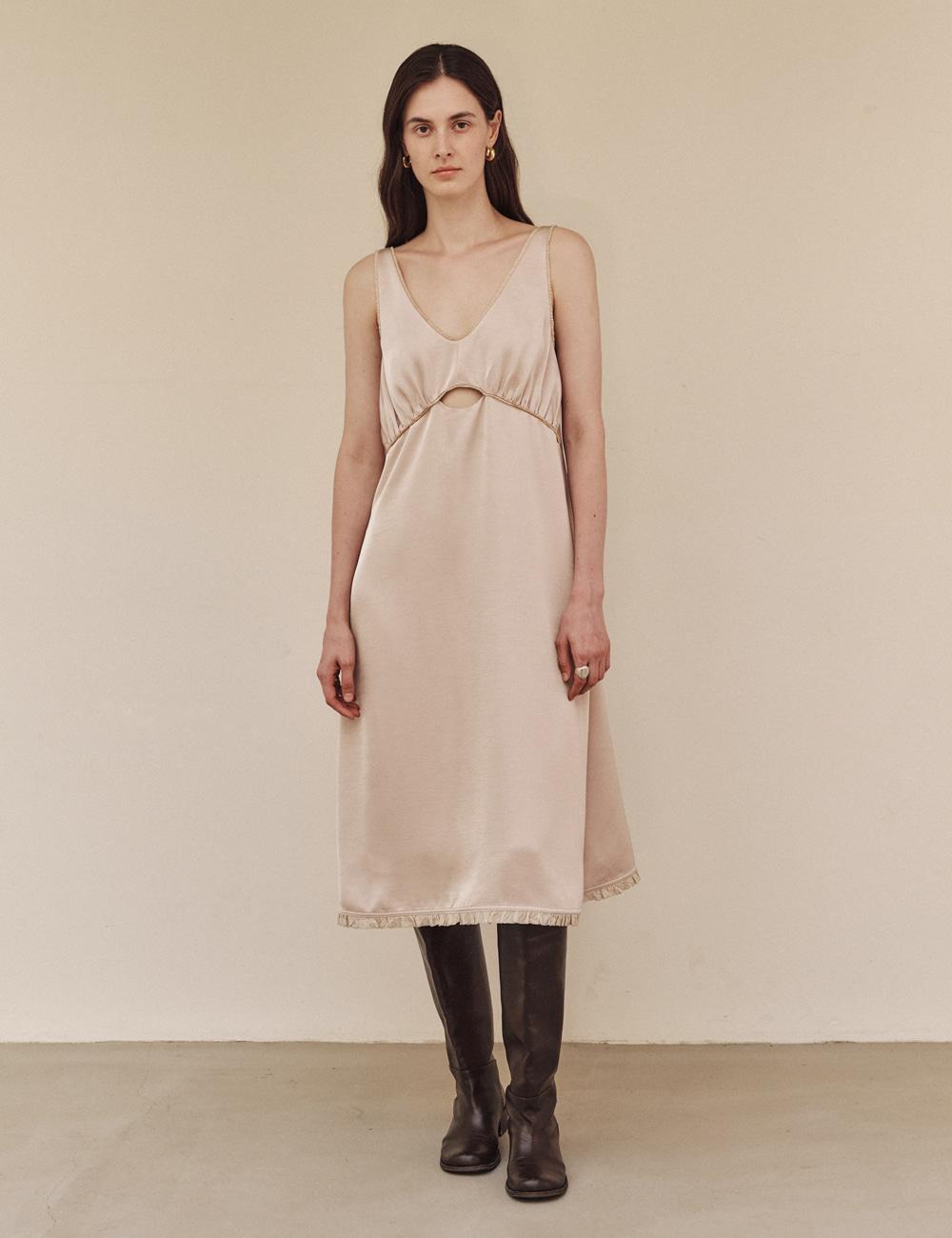 Emma Satin Shirring Dress_Peachy Beige