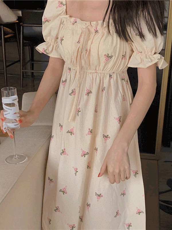 도트플라워 반팔 원피스 파자마 잠옷