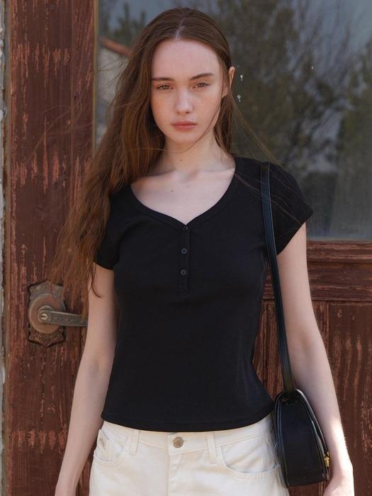A HENLEY NECK RIBBED T-SHIRT_BLACK