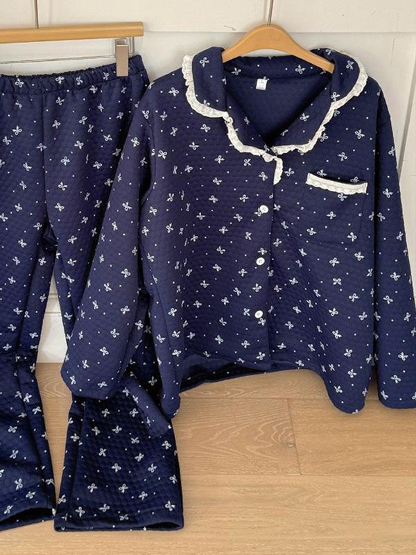 네이비누빔 도톰 긴팔 상하세트 파자마 수면 잠옷