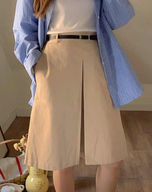 로멜 원핀턱 허리밴딩 미디 코튼스커트 - 벨트세트 (sk)