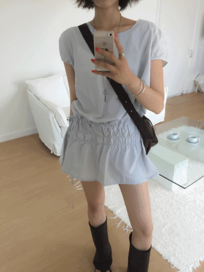 [당일발송]반팔 셔링 블라우스 레이어드 원피스