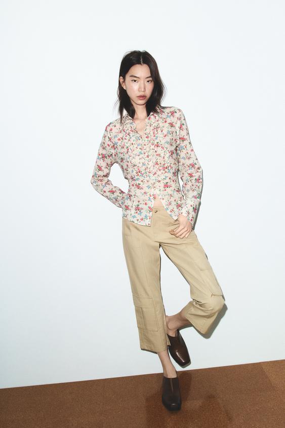 플라워 프린트 러플 셔츠