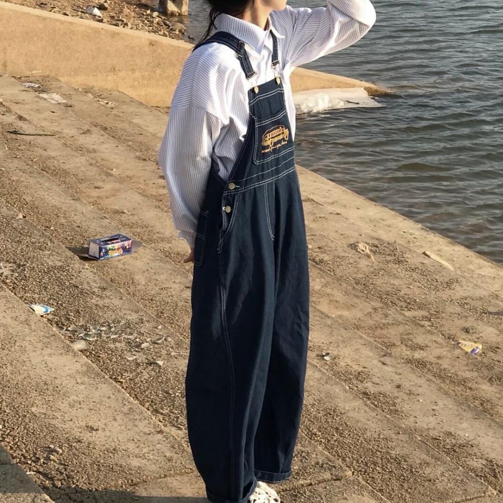 키작녀 스트릿패션 자수 와이드 데님 멜빵 바지