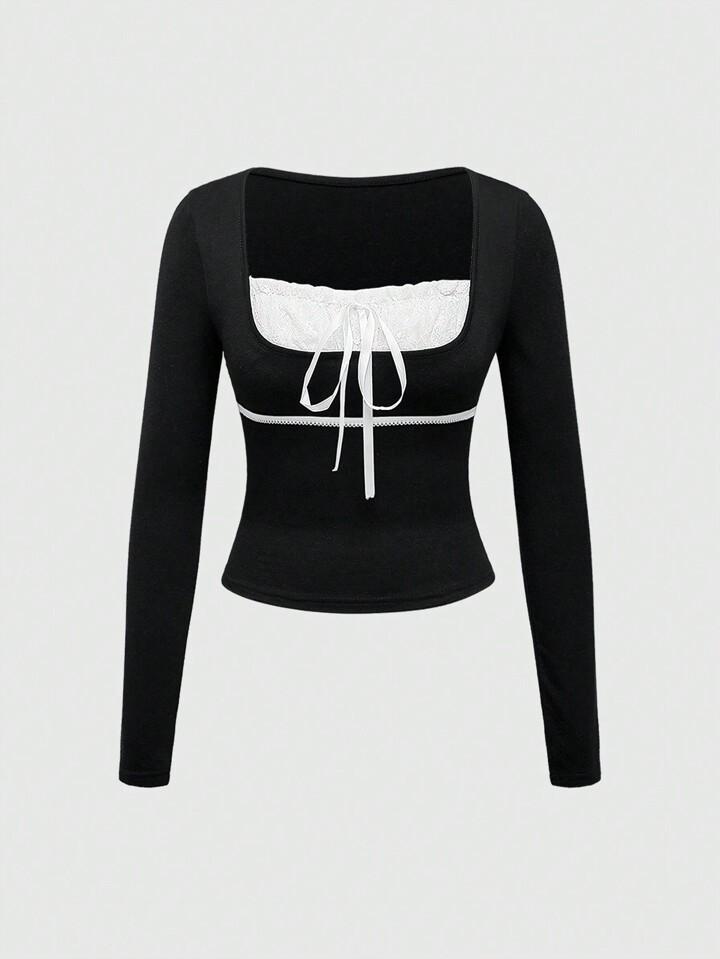 Kawaii Square Neck Lace Patchwork 2 In 1 Ballet Style Contrast Color Ruffle Sleeves Women Long Sleeve T-Shirt
