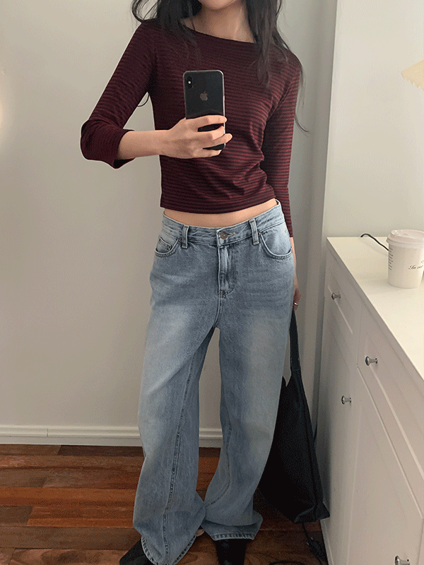 나이니 [버건디당일] 라페 여리핏 스트라이프 단가라 티셔츠