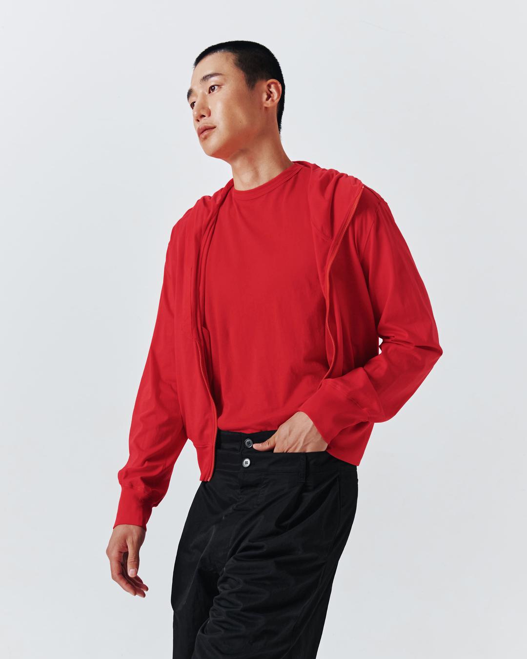 MENS CURVED HOODED COTTON ZIP JACKETRED