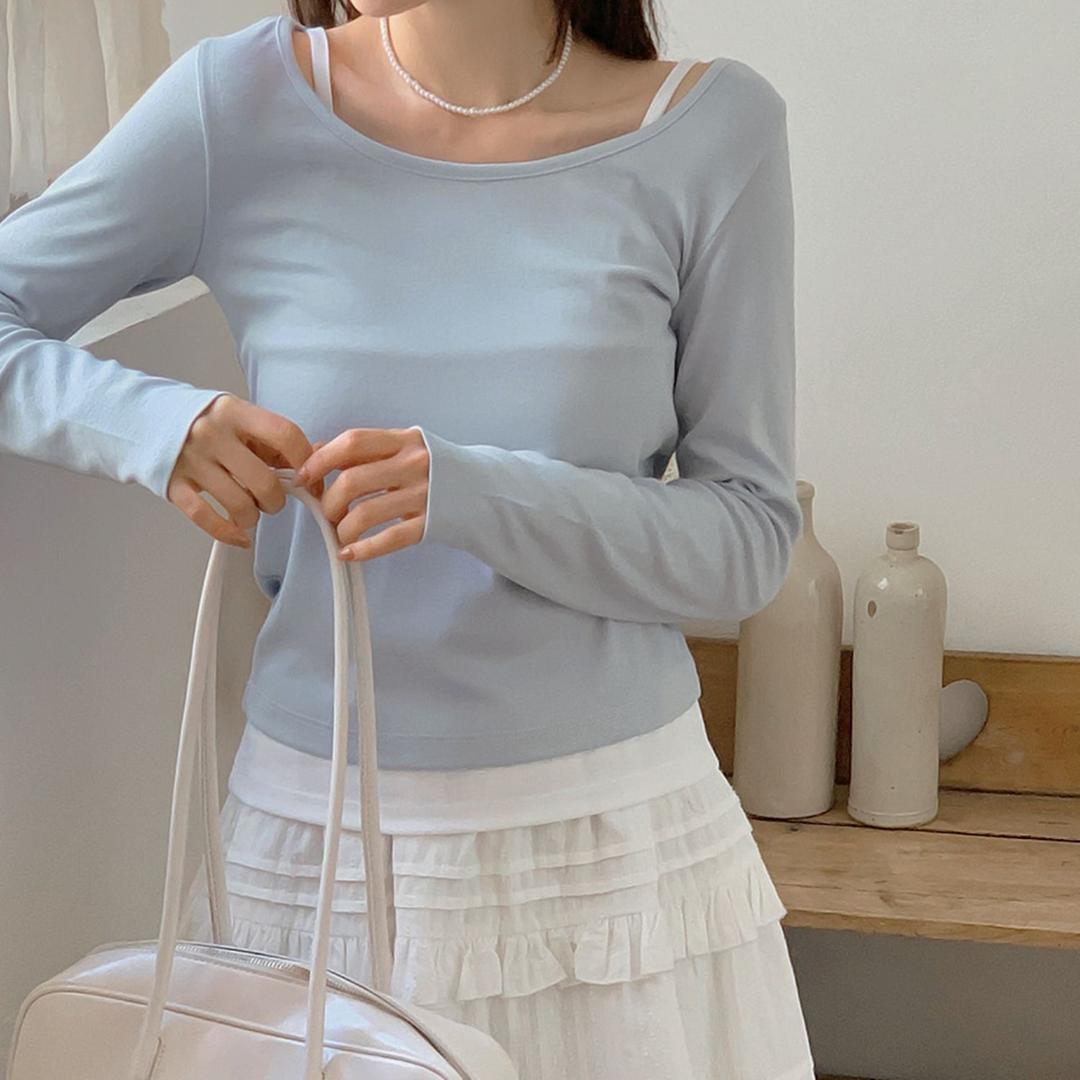 래넌디브 골지 스판 배색 나시 레이어드 티셔츠 세트