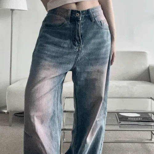 [색감보장] 빈티지 핑크 투톤 워싱 데님 pt / 캣워싱,와이드팬츠,하이웨스트,로우라이즈