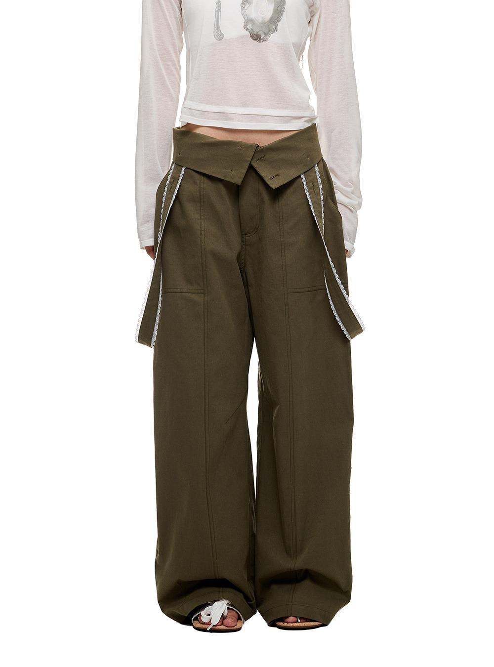 Lace Detail Curved Strap Wide Pants