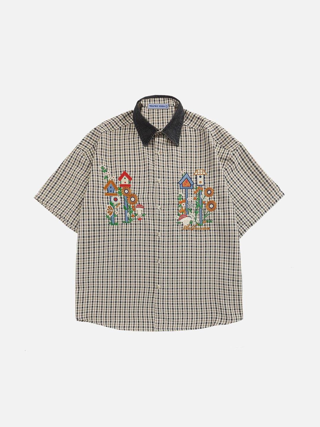 Aelfric Eden Plaid Embroidery Short Sleeve Shirt - Black / XS