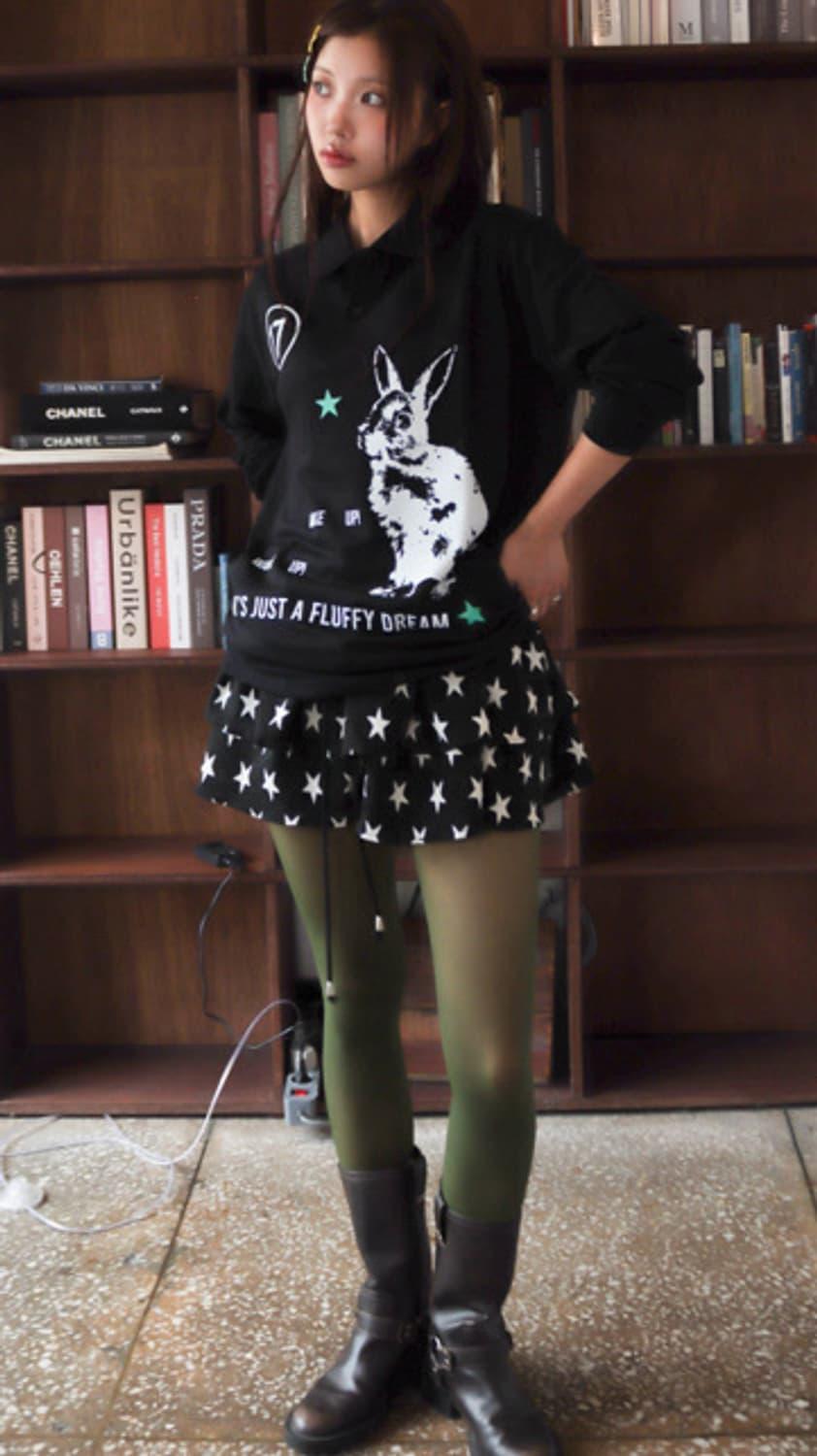 (1회착)플러피하우스 스타 프릴 스커트 블랙 | 후루츠패밀리