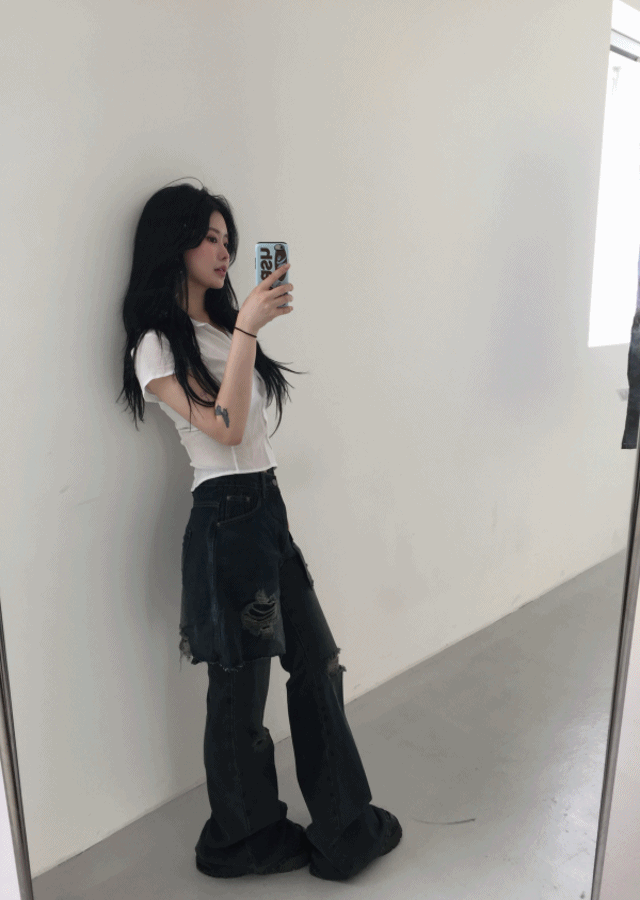 르본 스커트 더블 랩 데미지 부츠컷 팬츠