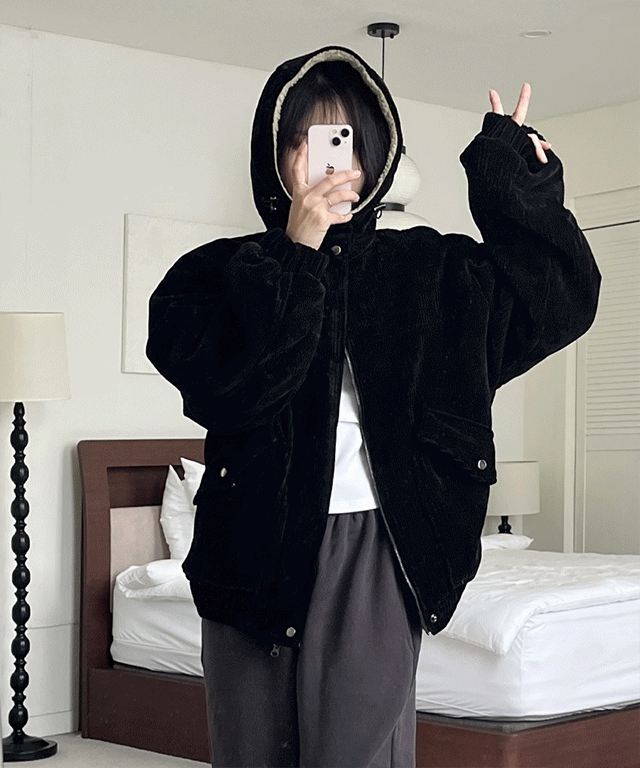 남여공용 윈터 코듀로이 양털 후드 하이넥 점퍼,패딩