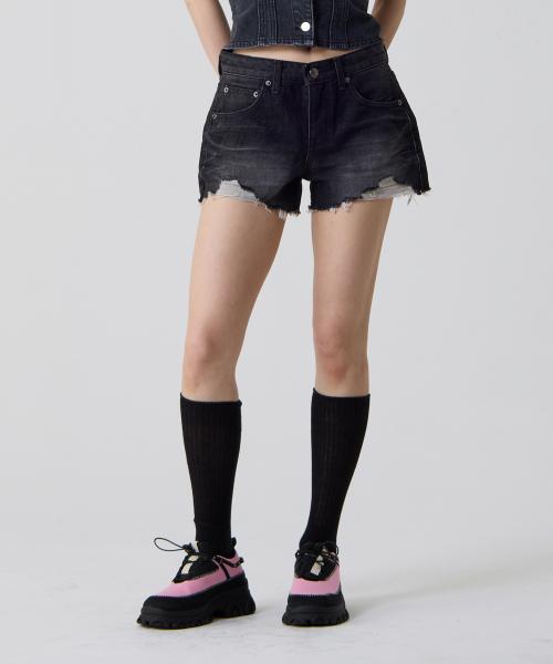빈티지 데미지 데님 쇼츠 블랙