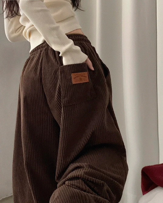 단독기모추가 [도톰,고퀄!/숏롱🤎] 스튜 골덴 코듀로이 가죽패치 루즈 와이드 더블 핀턱 트레이닝 팬츠 - 9color