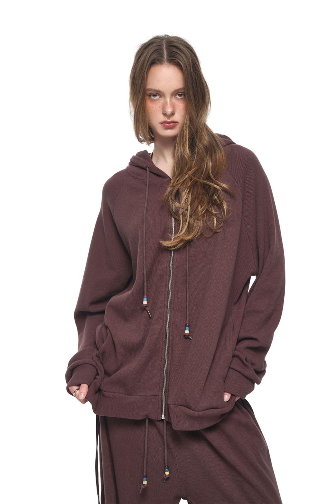 WOOD BEAD WAFFLE ZIP-UP HOODIE (BROWN)