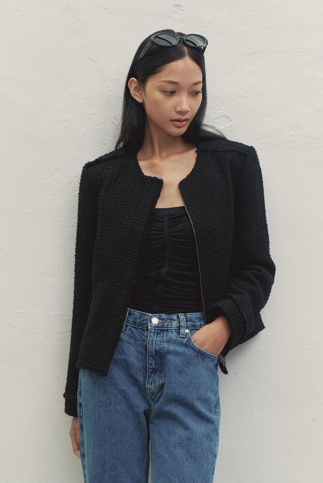 FRINGE DETAIL TWEED JACKET (BLACK)