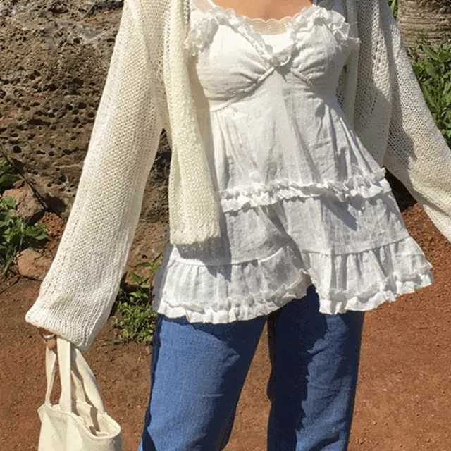 플레어 캉 콩단추 레이스 프릴 나시