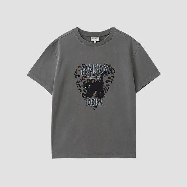LEOPARD HEART CAT PIGMENT T-SHIRT CHARCOAL