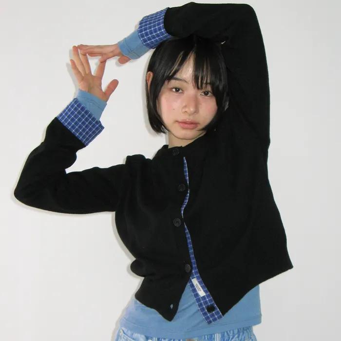 CHECK SHIRT POINTED KNIT CARDIGAN BLACK