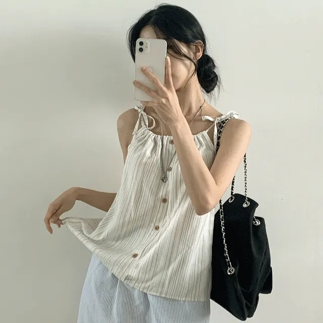 뽀니 스트라이프 끈 나시 블라우스/ 슬리브리스 민소매 단추 버튼 폴리 스트랩 A라인 배색 데일리 베이직 여름 휴가 바다 휴양지 바캉스