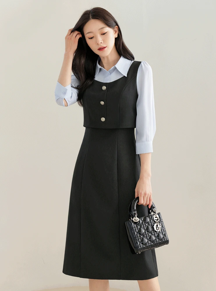 [3일만추가할인][한벌로완성/비율보정]카솜 셔츠 배색 레이어드 원피스[단독특가]