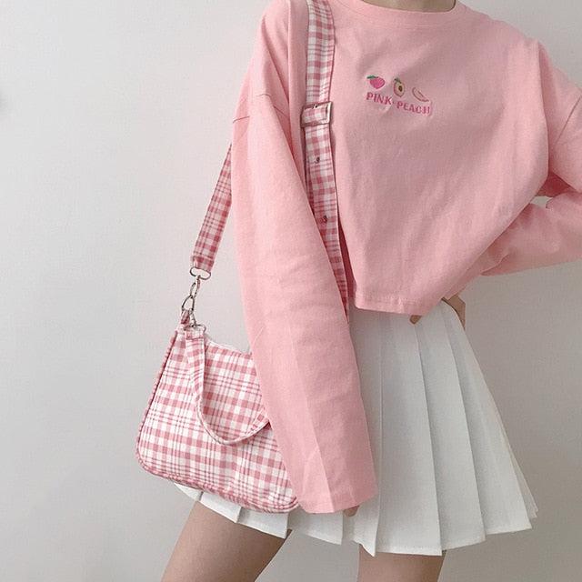 Harajuku Kawaii Fashion Gingham Shoulder Bag - Pink Plaid
