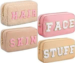 Kajaia 4 Pcs Nylon Chenille Letter Bag Pouches Cosmetic Makeup Toiletry Bag Cute Makeup Bags for Women Travel Zipper Preppy Pouch for Teens Girls Women (Simple Color)
