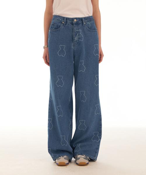 아코 베어 패턴 데님 팬츠 블루