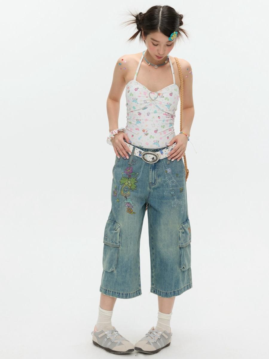 BETWEENAND X SUNONEBIRD Print Denim Capri Pants