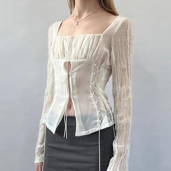 본네 레이스업 쉬폰 블라우스 아이보리