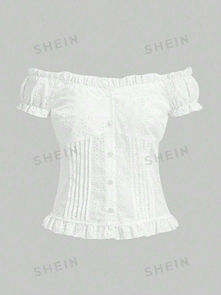 ROMWE Kawaii Elegant Women's White Color Lace & Embroidery Decor Button Front Puff Sleeve Blouse With Off Shoulder Design, School