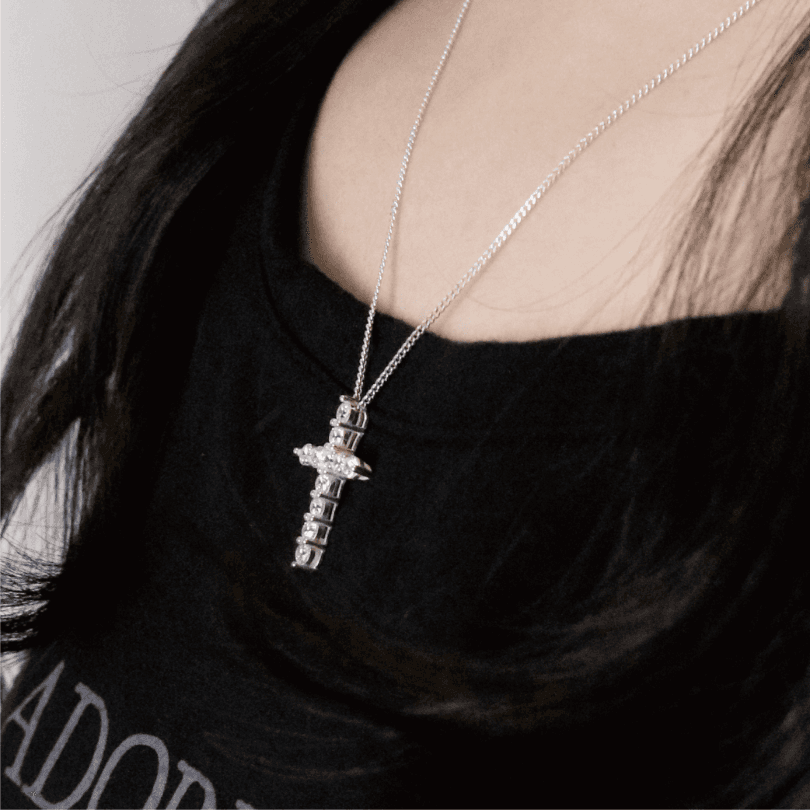 [925 silver] SOLID stone cross long necklace
