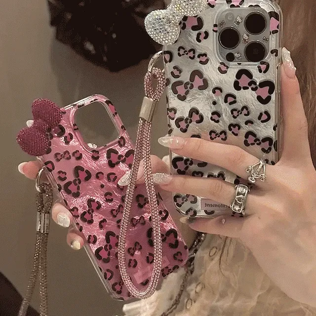 16시리즈가능💗실버 핫핑크 큐빅리본 아이폰케이스 범퍼케이스 레오파드 호피패턴 귀여운케이스 유니크케이스 하이틴케이스 폰꾸미기 아이폰케이스추천 13 14 15 pro max