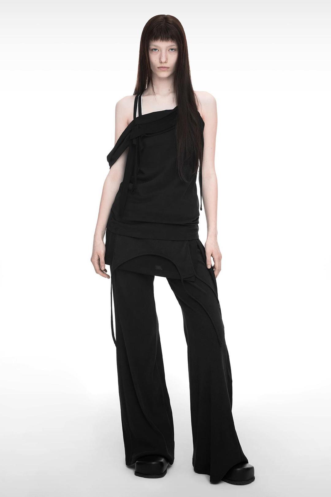 MIXED LAYERED SKIRT PANTS BLACK