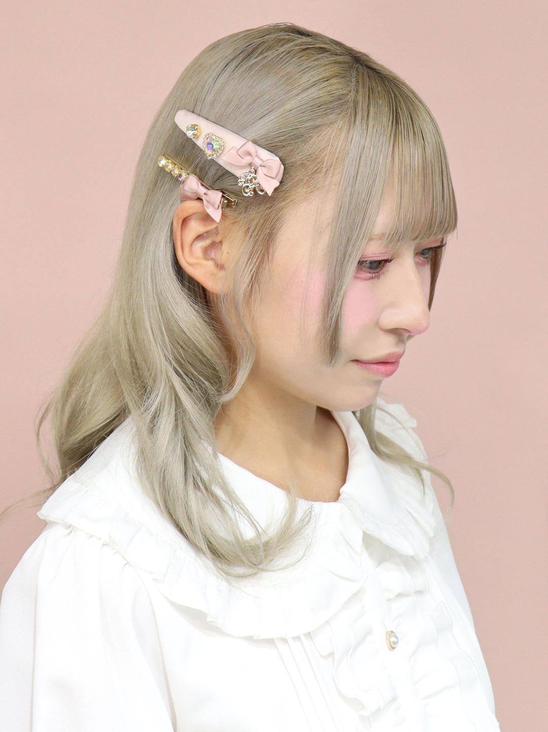 モノグラムチャーム付ビジュークリップセット - ピンク（Pink） / FREE