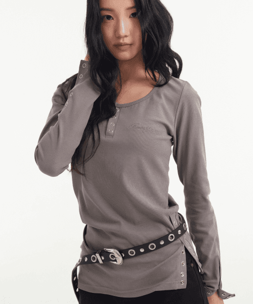 Side Button Detailed Slim-Fit Long Sleeve Light gray