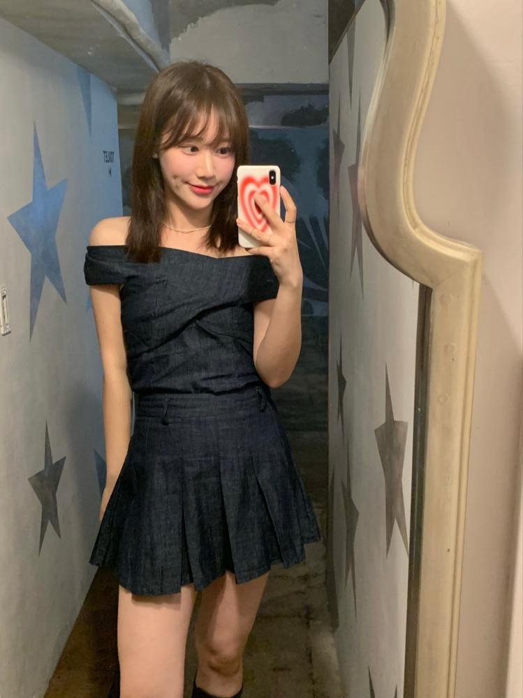 [📌무료배송/주문폭주] off denim set up :: 데님, 데님원피스, 여름셋업, 오프숄더, 오프숄더티, 여친룩, 꾸안꾸, 러블리룩, 데일리룩, 데일리